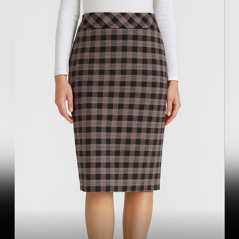 NWT Liz Claiborne Glen Plaid Check Midi Pencil Skirt Pink Black Vintage Size 6